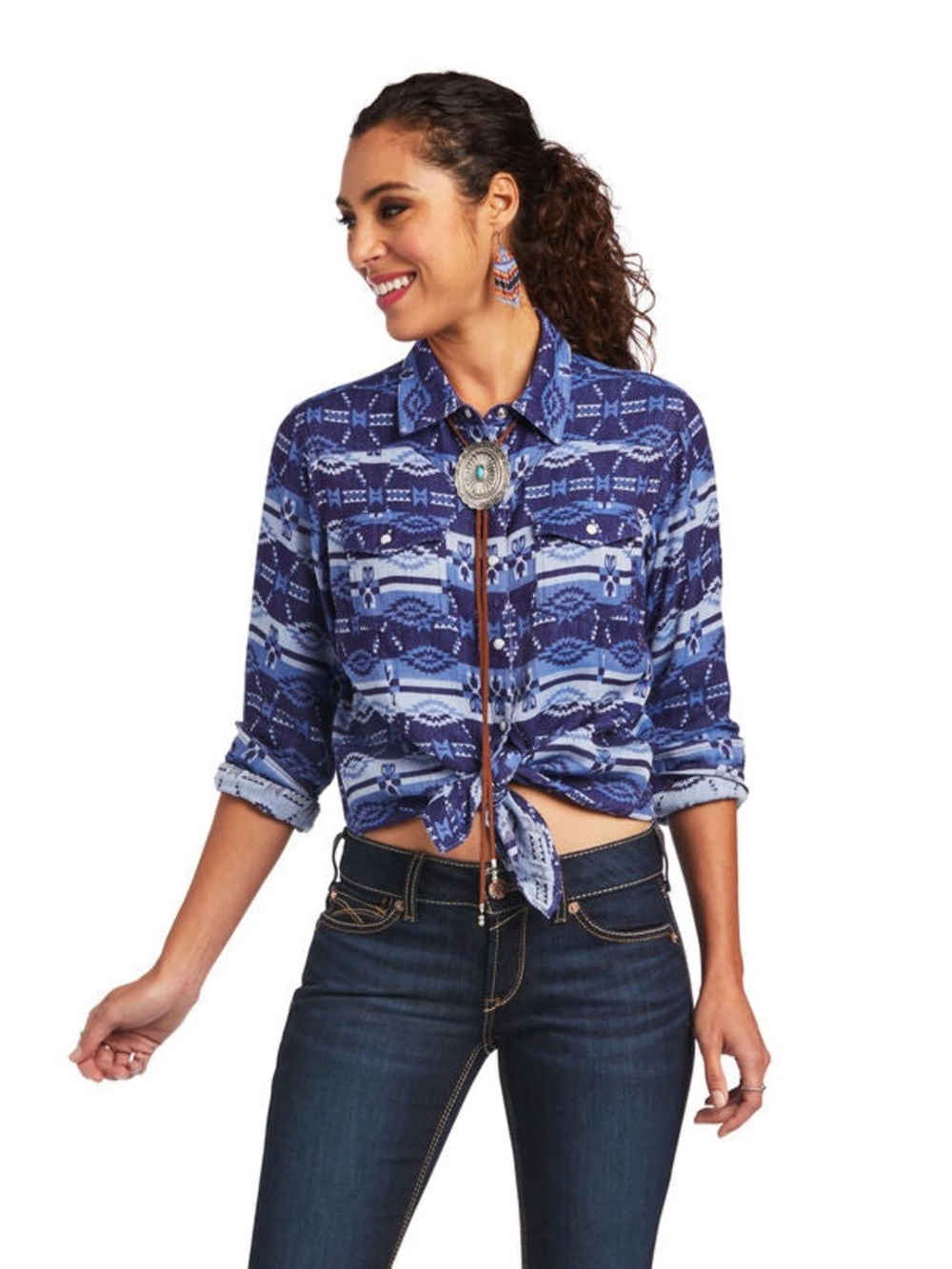 Ariat Western Pearl Snap Shirt in Blue Tribal Southwestern Oceanic Print Large